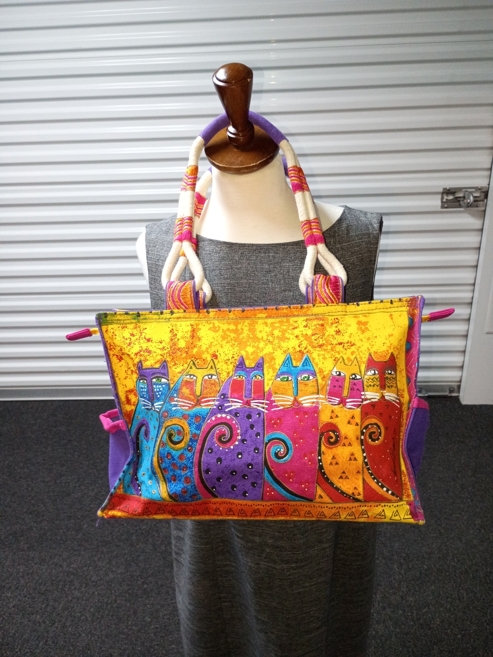 Laurel Burch Multicolor Cat Tote in Yellow, Purple and Pink